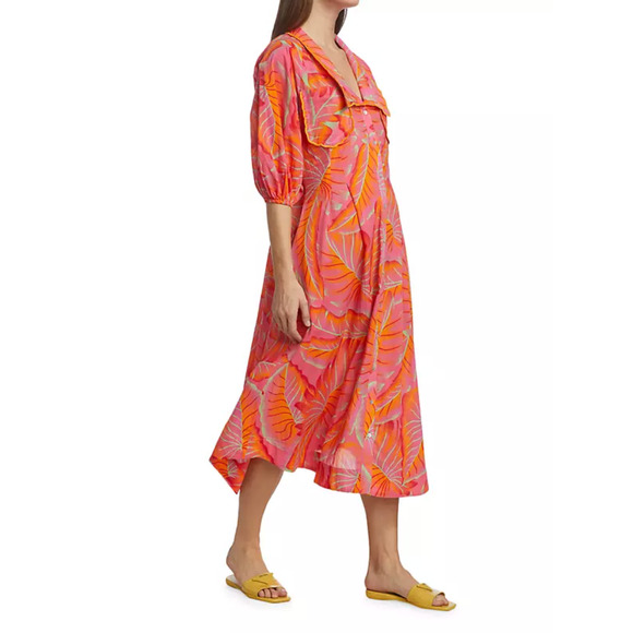 ANTHROPOLOGIE FARM RIO Bright Forest Midi Dress Pink Orange Puff Sleeve - Picture 3 of 16